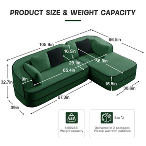 English Elm 106" Teddy Fabric Sofa - Luxurious No Assembly L-Shaped Couch With Chaise For Cozy Living Rooms, Green W714S01421