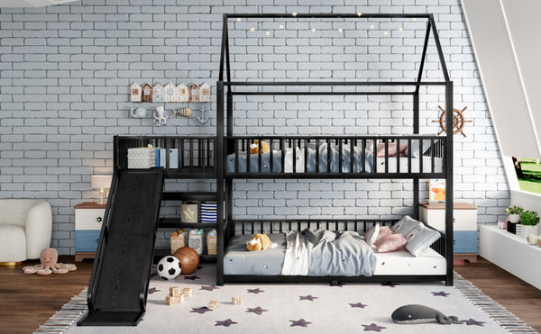 English Elm Full Metal House Bunk Bed with Slide Storage Stairs and Safety Rails for Kids W1580S00345