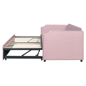 English Elm Twin Velvet Upholstered Daybed with Pop up Trundle for Guest or Kids Rooms Pink SF000197AAH