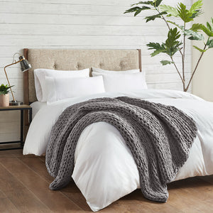 JLA Home Madison Park - Hand double-knitted throw blanket — ultra-soft, OEKO-TEX certified acrylic, modern boho accent for year-round comfort Charcoal MP50-7315