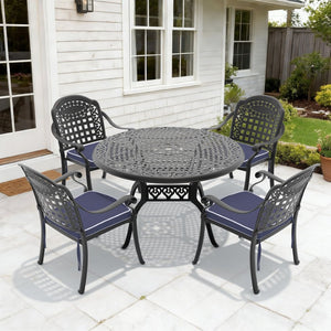 English Elm 5-piece Cast Aluminum Outdoor Dining Set with Carved Frame and Weather Resistant Cushions W1710S00632