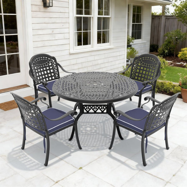 English Elm 5-piece Cast Aluminum Outdoor Dining Set with Carved Frame and Weather Resistant Cushions W1710S00632