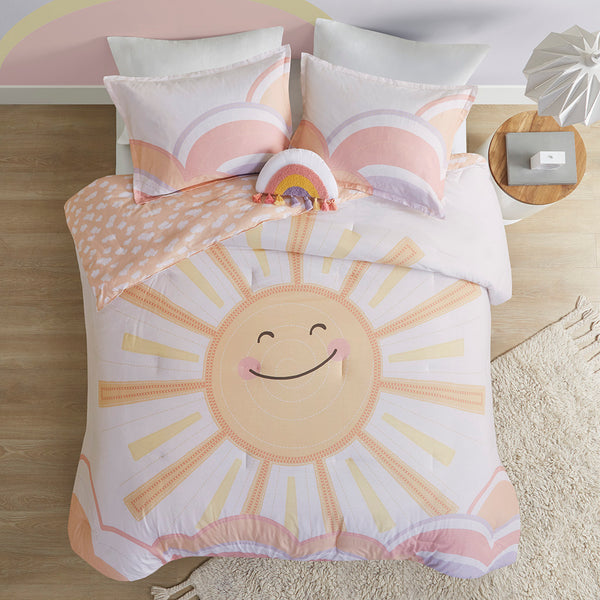 JLA Home Urban Habitat Kids - Sunshine Reversible Comforter Set with Smiling Sun and Cloud Print, Hypoallergenic, OEKO-TEX Safe Yellow/Coral UHK10-0185