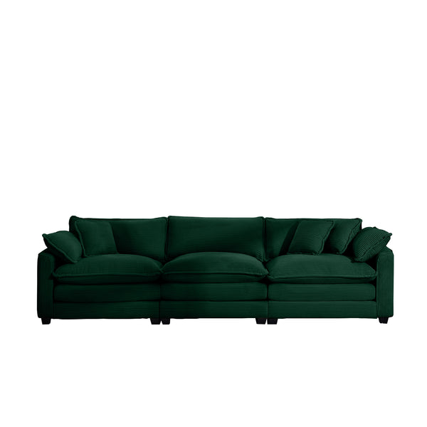 English Elm Mid-Century Modern Sectional Sofa - Plush Green Corduroy 3-Seater With Pillows For Ultimate Comfort W714S00815