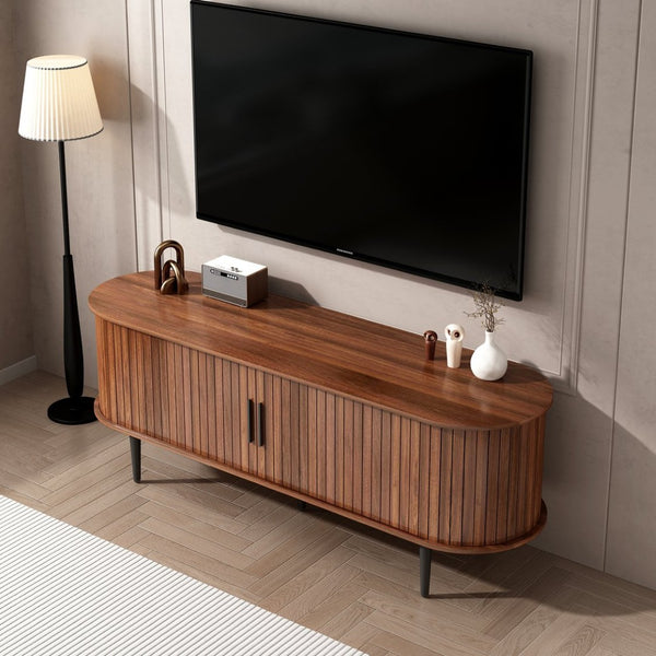 English Elm Tv Stand, 55" Walnut Mid-Century Modern Console With Storage, Sliding Door & Stylish Design For Home W2641P329198-GIGA