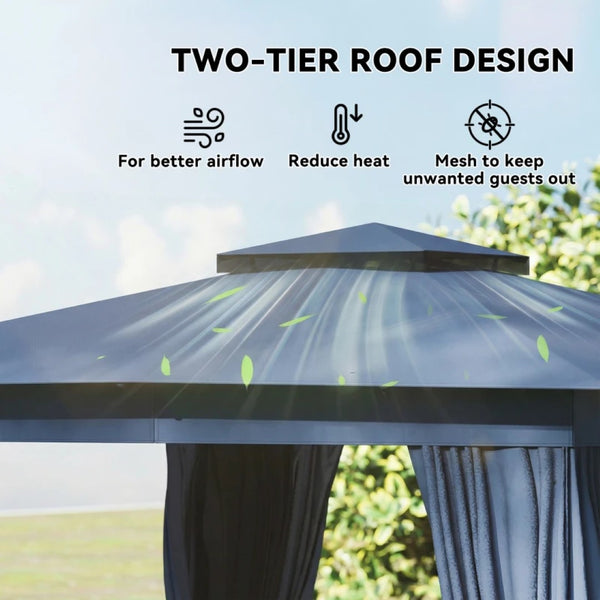 English Elm Double-roof Steel Gazebo with Upf Canopy Curtains and Mesh Panels for Outdoor Privacy Black+Blue,Dark Gray T3971P459088