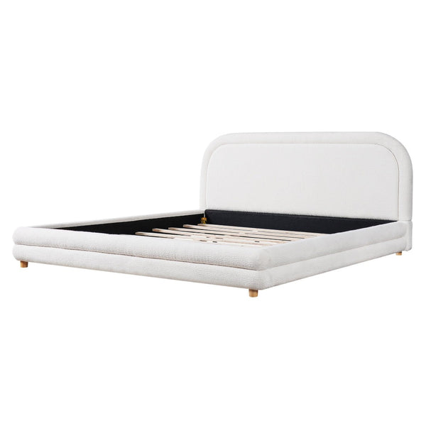 English Elm King Boucle Upholstered Bed Sculptural Arch Frame Solid Wood Legs Plush Headboard N757K371804W
