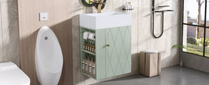 English Elm 20 Modern Wall-Mounted Bathroom Vanity with Ceramic Sink, Diamond Door, Gold Handles & Shelves — Compact Green N725P314033F