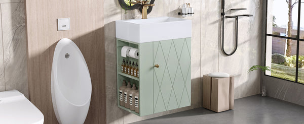 English Elm 20 Modern Wall-Mounted Bathroom Vanity with Ceramic Sink, Diamond Door, Gold Handles & Shelves — Compact Green N725P314033F