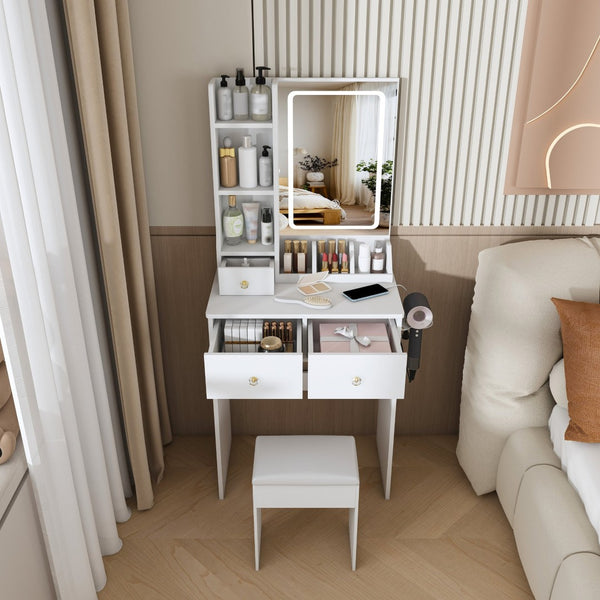 English Elm Modern Vanity Desk with Led Mirror 3 Drawers Built-in Outlet and Matching Chair White W509P465832