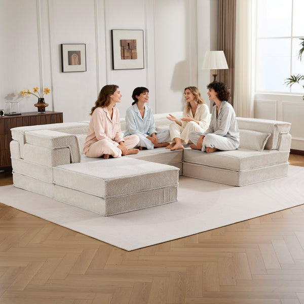 English Elm Compression Mahjong Sofa Bed - Versatile Modular Design, Cozy Circle Fleece, No Assembly, 4 Seater W3723S00035