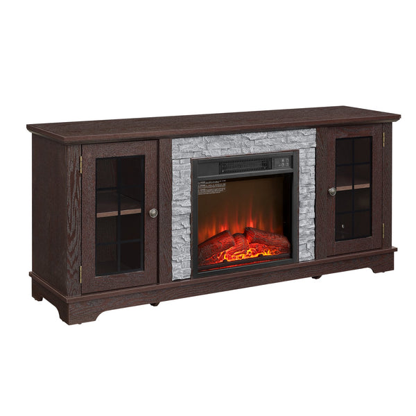 English Elm 58" Modern TV Stand with 18" Electric Fireplace, Faux Stone Mantel, Ample Storage & Cable Management for Living Room Comfort and Style Cherry W2275S00026