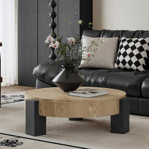 English Elm 33'' Round Coffee Table Parquet Veneer Flip Top Hidden Storage Wabi-sabi Living Room Matte Black,Natural Wood W1435P419318