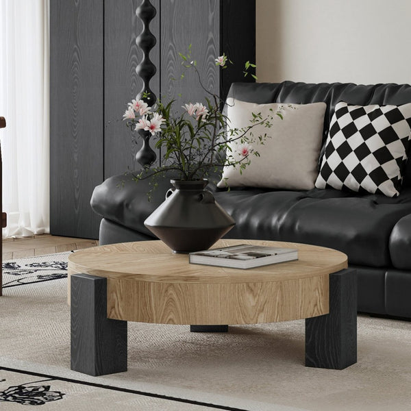 English Elm 33'' Round Coffee Table Parquet Veneer Flip Top Hidden Storage Wabi-sabi Living Room Matte Black,Natural Wood W1435P419318