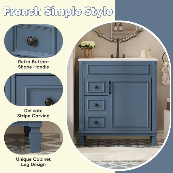 English Elm 30" Bathroom Vanity With Elegant Ceramic Sink – French-Inspired Design, Soft-Close Drawers & Storage N710P323328C