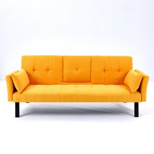 English Elm 70-inch Foldable Cotton Linen Sofa Bed with Cup Holder & Side Storage, Space-Saving 2-Seater Design Yellow W3371P337202