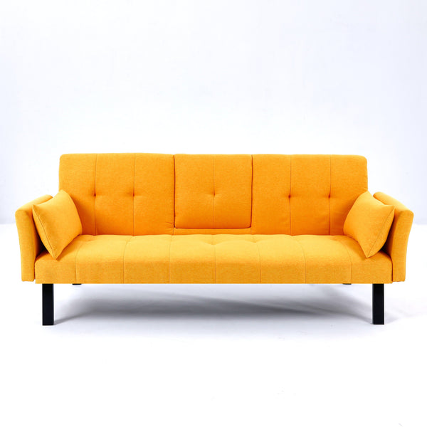 English Elm 70-inch Foldable Cotton Linen Sofa Bed with Cup Holder & Side Storage, Space-Saving 2-Seater Design Yellow W3371P337202