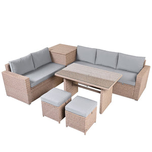 English Elm Topmax Outdoor Wicker Sectional Set with Storage Adjustable Seating and Tempered Glass Table Light Grey N717S100005G
