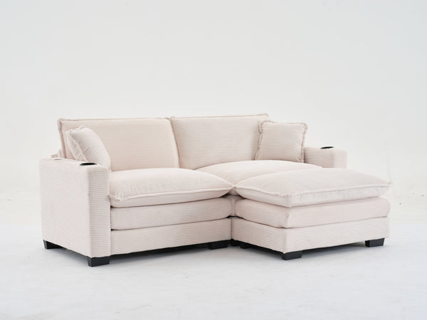 English Elm L Shape Sofa Couch With Usb Port & Cup Holder, Stylish Corduroy 2-Seater In Beige For Small Spaces W2100S00140