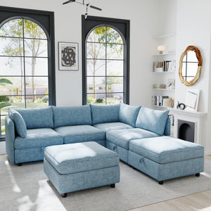 English Elm Modular Sectional Sofa with Under Seat Storage Converts to Sleeper for Living Room Antique Blue W680S00142