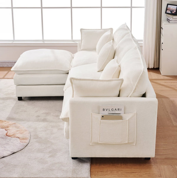 English Elm 101.9-inch Chenille Modular Sofa with Movable Footstool for Living Room Comfort Beige W288S00031