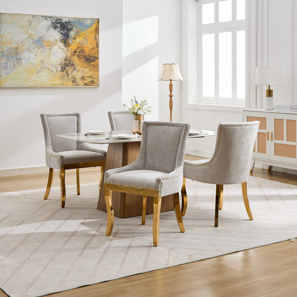 English Elm Chenille Plush Dining Chair with Curved Gold-Plated Legs, Rivet Trim, Textured Upholstery Comfort Beige W1143P332684