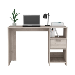 English Elm Computer Desk With Storage Shelves & Drawer - Stylish Light Gray Design For Small Spaces! B097133108