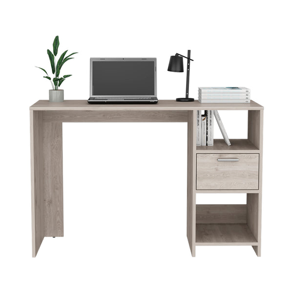 English Elm Computer Desk With Storage Shelves & Drawer - Stylish Light Gray Design For Small Spaces! B097133108