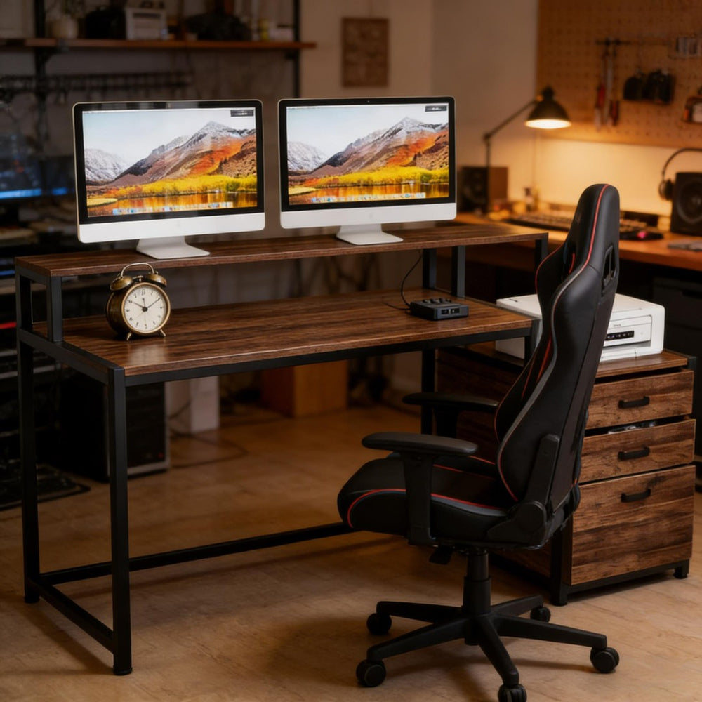 English Elm Sturdy Two-tier Computer Desk with File Cabinet and Monitor Riser for Home Office Black,Rustic Brown T3971P450685