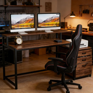 English Elm Sturdy Two-tier Computer Desk with File Cabinet and Monitor Riser for Home Office Black,Rustic Brown T3971P450685