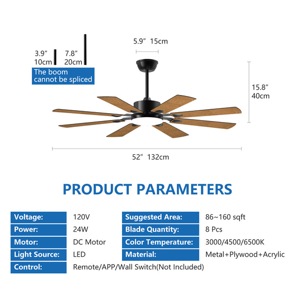 English Elm 52 52 Inch Ceiling Fan with Lights Remote, 8 Plywood Blades, Quiet 6-Speed DC Motor, Reversible LED W1340P346387