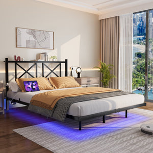English Elm Full Size Floating Platform Bed with Led Underglow Usb Charging and Storage Headboard W840P383353