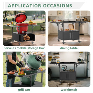 English Elm Outdoor Metal Kamado Grill Cart with Folding Prep Panels and Bottom Storage Compartment W3190P305785
