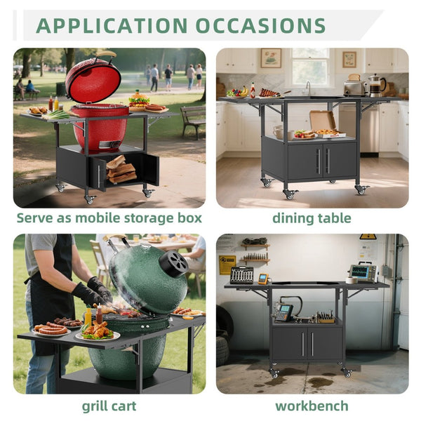 English Elm Outdoor Metal Kamado Grill Cart with Folding Prep Panels and Bottom Storage Compartment W3190P305785