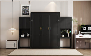 English Elm Queen Size Murphy Bed With Integrated Desk, Flip-Up Vanity & Storage Cabinets In Espresso Finish N820S10057P-GIGA