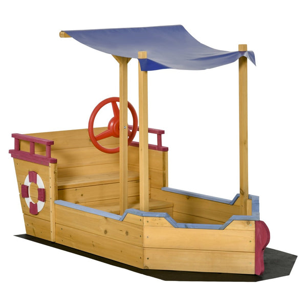 English Elm Outsunny Wooden Pirate Ship Sandbox with Canopy Storage Bench Outdoor Kids Play W2225P217334