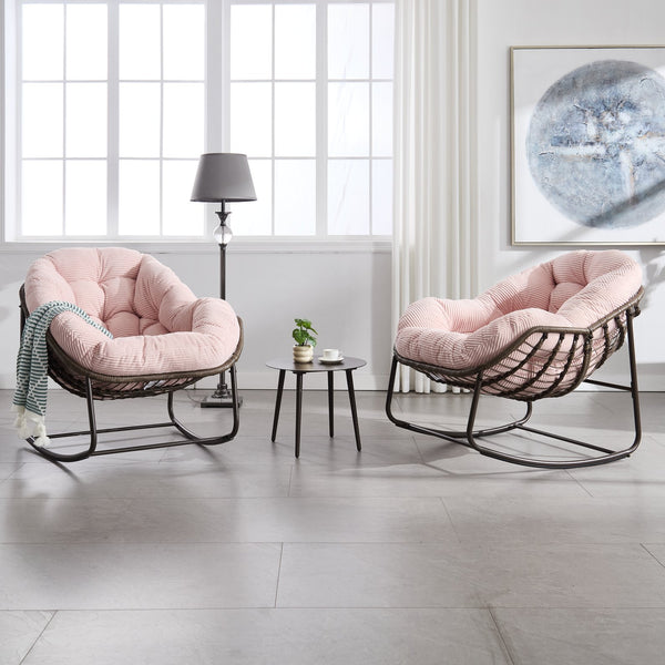 English Elm Outdoor Rattan Oversized Egg Rocking Chair with Velvet Padded Cushion, Hand‑Woven Patio Recliner Seat Pink W640P271524