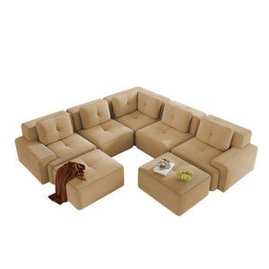 English Elm Modular Corduroy Sectional Sofa V Shaped 5 Seat Living Room Couch with Ottoman Camel W714S01589