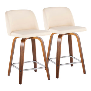English Elm Toriano 24" Mid-Century Modern Counter Stool Set Of 2 - Cream Faux Leather, Walnut Wood & Chrome Footrest B202S00137-GIGA