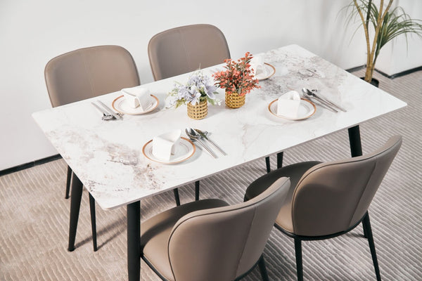 English Elm Modern Sintered Stone Rectangular Dining Table Seats Six with Tapered Black Metal Legs W1911S00017