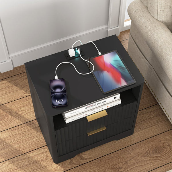 English Elm Nightstand Smart Bedside Table with Usb Charging Voice Light and Cabinet Storage W1321P399420