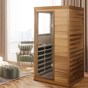 English Elm Red Cedar Single Person Far Infrared Indoor Sauna with Glass Door and Bluetooth Audio W632S00020