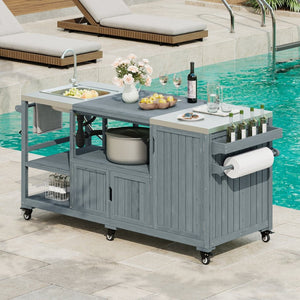 English Elm K&k Solid Fir Outdoor Kitchen Island with Sink Stainless Steel Top and Grill Cutout Grey+Blue N707S000022G