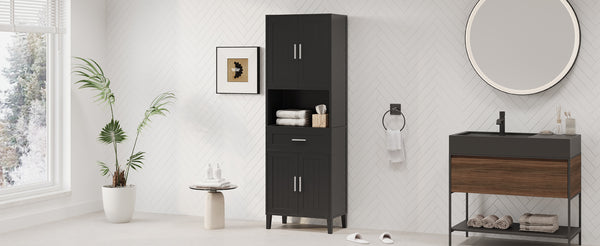 English Elm 70.9" High Freestanding Tall Bathroom Cabinet with Soft-Close Doors, Drawer & Adjustable Shelves for Organized Living Black N729P272001B