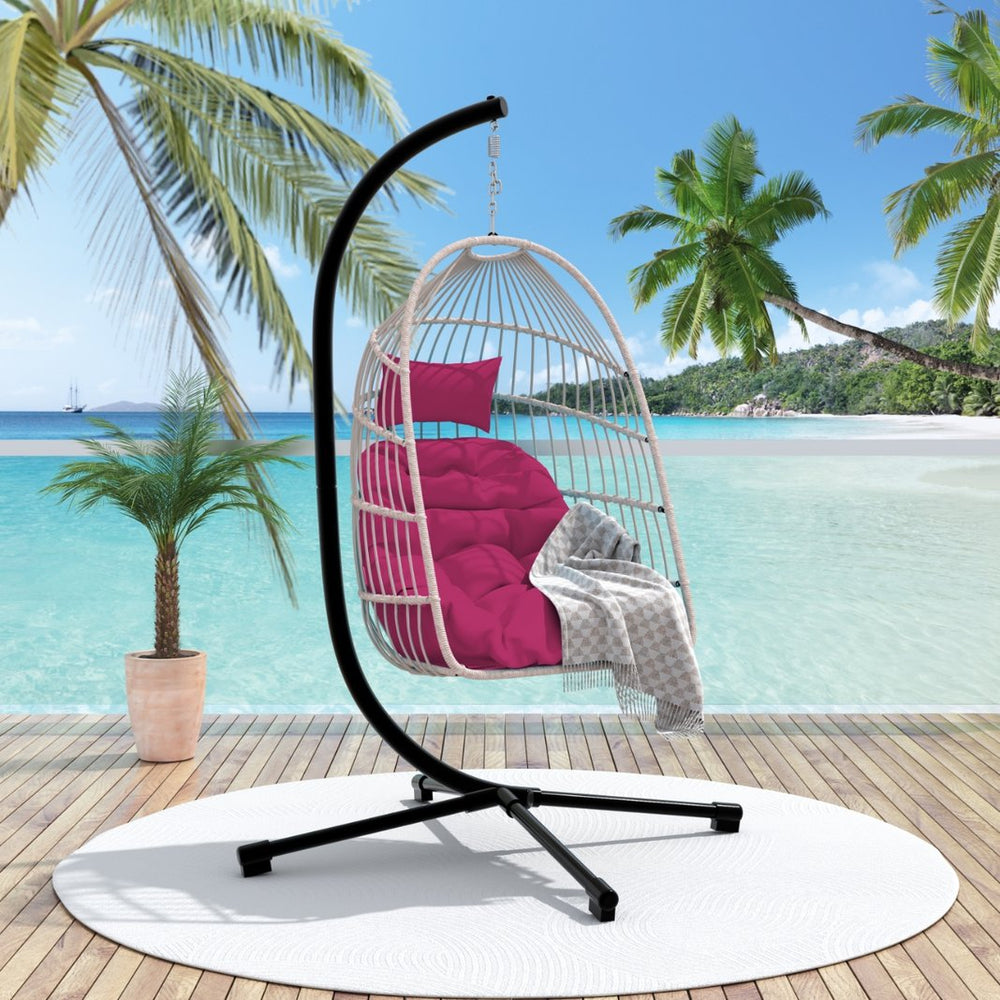 English Elm Outdoor Egg Hanging Chair with Stand Rose Red - Oversized Wicker Hammock, 350lb Steel Frame Comfort W2500P334044