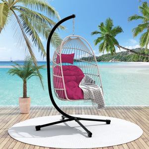 English Elm Outdoor Egg Hanging Chair with Stand Rose Red - Oversized Wicker Hammock, 350lb Steel Frame Comfort W2500P334044