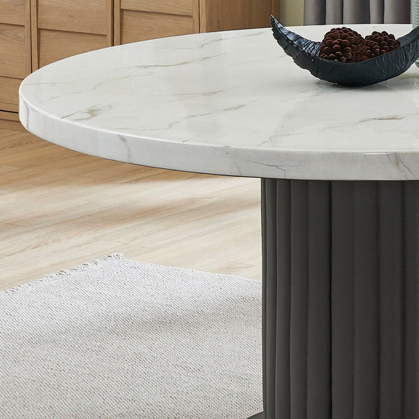 English Elm Venezia Round Faux Marble Pedestal Dining Set Seats Six with Upholstered Fabric Chairs B2749S00329