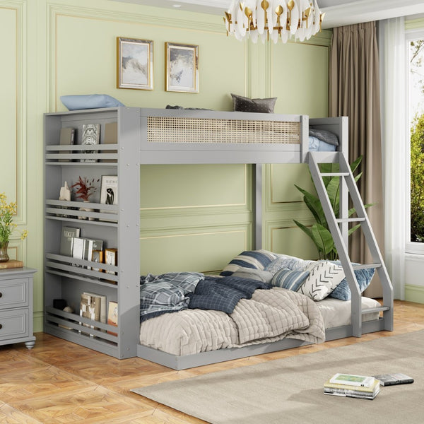 English Elm Twin Over Full Bunk Bed with Cane Guardrail Led Lighting and Built-in Bookshelf Gray LT000351AAE