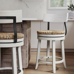 English Elm 26" Reclaimed Wood Swivel Counter Stool with Seagrass Seat for Kitchen Island White B2751P436446