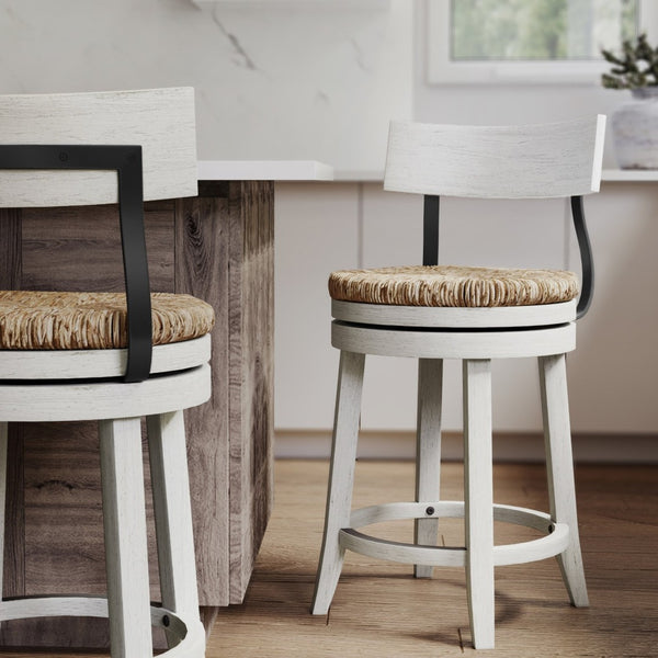 English Elm 26" Reclaimed Wood Swivel Counter Stool with Seagrass Seat for Kitchen Island White B2751P436446
